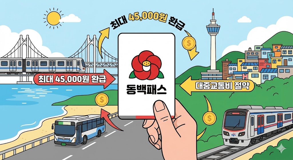 부산 동백패스 신청 및 환급 혜택을 설명하는 인포그래픽 이미지. 광안대교와 부산 대중교통(버스, 지하철) 배경과 최대 45,000원 환급 문구 포함.