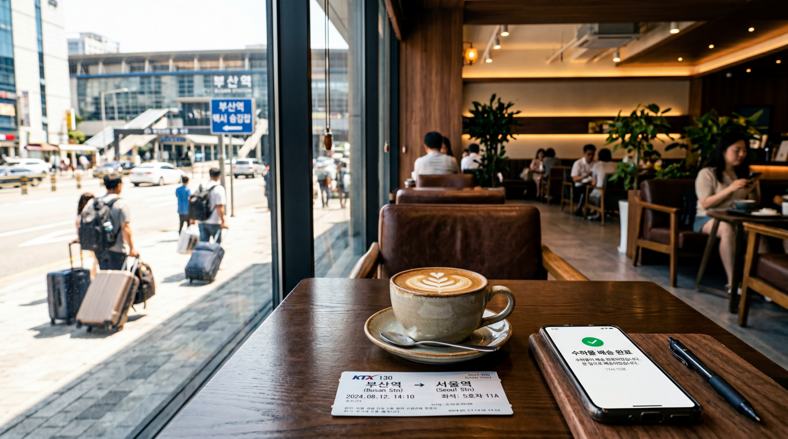 부산역 인근의 시원하고 여유로운 카페 테이블 위에 놓인 KTX 기차표와 커피, 그리고 창밖으로 무거운 대형 캐리어를 땀 흘리며 끌고 가는 지친 관광객들의 모습이 극명하게 대비되는 하이퍼리얼리즘 사진. 수하물 배송 서비스 이용 유무에 따른 여행 마지막 날의 피로도 차이를 보여준다.