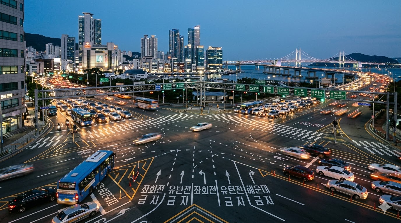 야간에 불이 켜진 부산의 거대하고 복잡한 다지 교차로(오거리) 전경. 수많은 차량과 Hangul로 쓰인 복잡한 도로 노면 표시가 보인다. 배경으로 고층 빌딩과 불빛이 들어온 광안대교가 보인다.