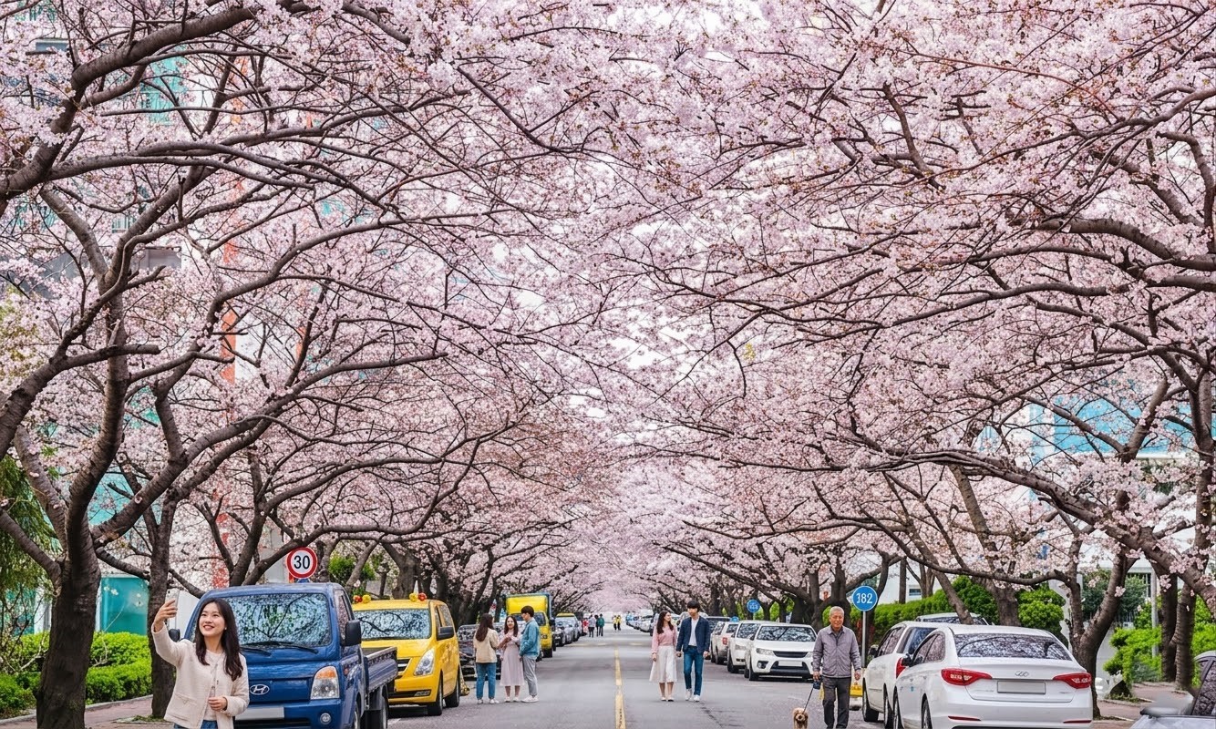 만개한 분홍색 벚꽃 나무들이 터널을 이룬 부산 남천동 삼익비치 아파트 사잇길 전경. 도로 양옆으로 차량들이 주차되어 있고, 관광객들이 셀카를 찍거나 거닐고 있어 혼잡한 모습이다.
