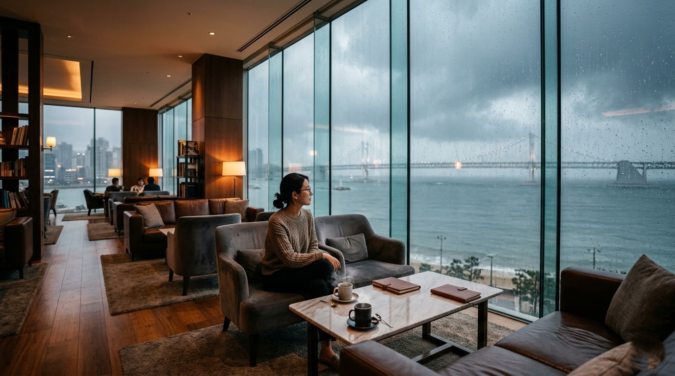 비 오는 날 부산 광안대교가 보이는 쾌적하고 고급스러운 통유리 실내 라운지 전경