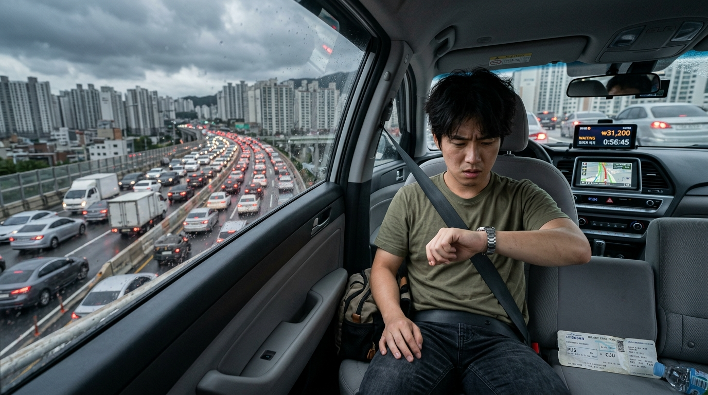꽉 막힌 부산 동서고가로 택시 안에서 특가 항공권을 옆에 두고 시계를 보며 초조해하는 여행객의 하이퍼리얼리즘 사진. 저렴한 비행기표 이면에 숨겨진 교통 체증의 스트레스를 보여준다.