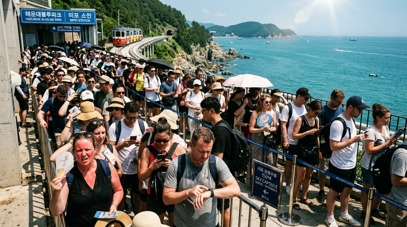 아름다운 바다를 배경으로 달리는 귀여운 해운대 스카이캡슐 아래로, 탑승을 위해 뙤약볕에서 땀을 흘리며 끝없이 줄을 서서 기다리는 수많은 관광객들의 지친 모습이 극명하게 대비되는 하이퍼리얼리즘 사진.